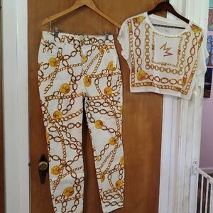 New Stylish Chain Print Women's Skinny Pants And Crop Top Set